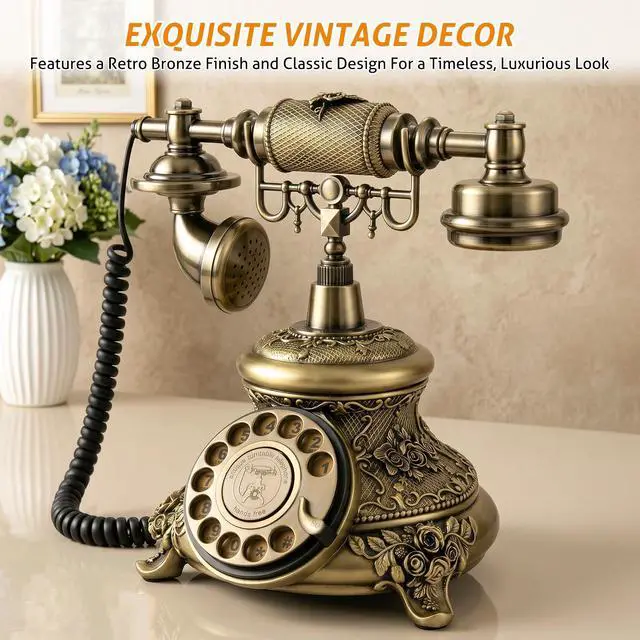 Alt view image 4 of 7 - Vintage Phone Old School Retro Rotary Dial Phone Antique Phones | Old Fashion Phones, European Style Rotary Phone, Classic Landline Telephone For Home Office Cafe Bar Star Hotel Decor, Bronze