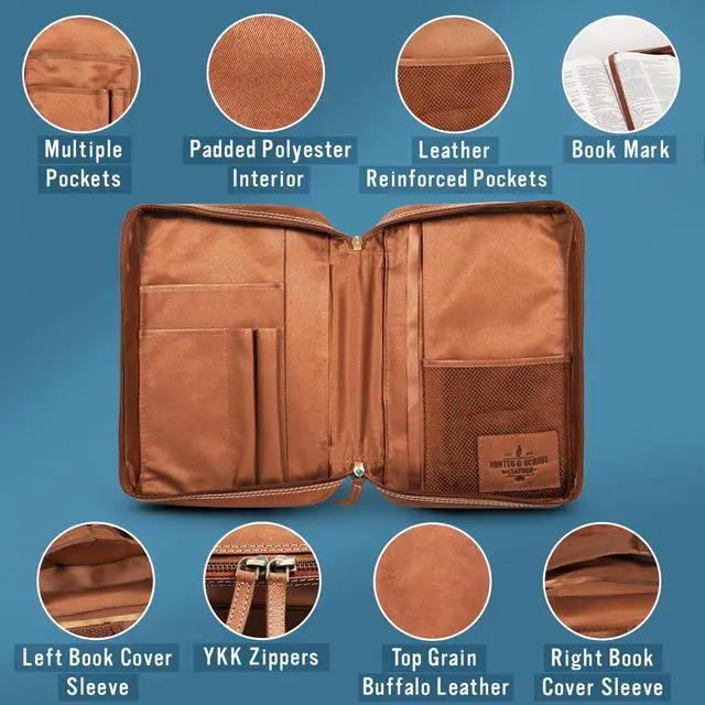 Alt view image 2 of 6 - Bible Covers for Men and Women - Top Grain Buffalo Leather - Genuine Leather Bible Cover with Pockets, Zipper, and Bookmark - Bible case - Book Cover - Large Light Brown