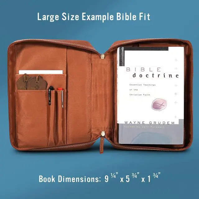Alt view image 5 of 6 - Bible Covers for Men and Women - Top Grain Buffalo Leather - Genuine Leather Bible Cover with Pockets, Zipper, and Bookmark - Bible case - Book Cover - Large Light Brown