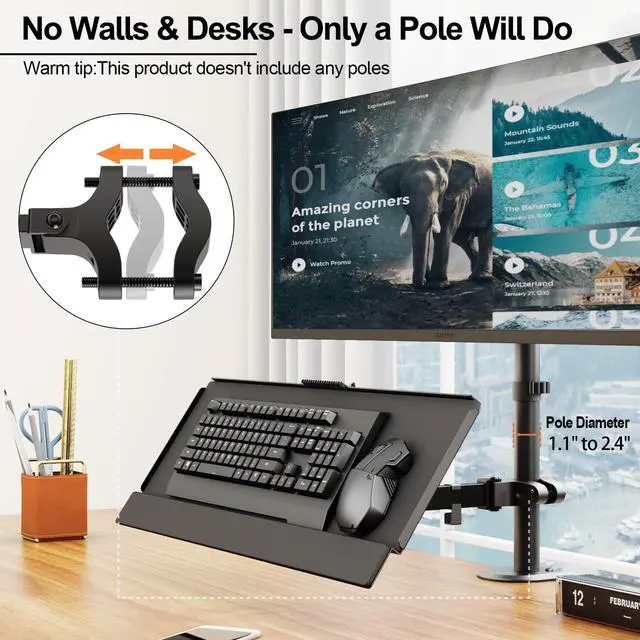 Alt view image 4 of 7 - Keyboard Tray Pole Mount - Keyboard & Mouse Mount fits Most Standard and Oversized Keyboards, Tilt & Rotation, Holds up to 2.2lbs, Black