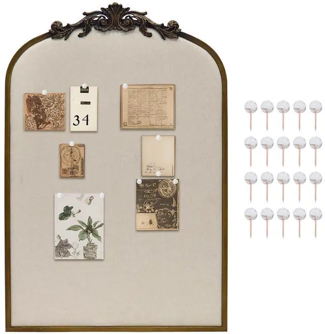 Main image of Arch Fabric Pinboard, Antique Gold Bulletin Boards 24"x36", Vintage Cork Board with Ornate Iron Frame for Wall Unique Display, Organization and Decor Options