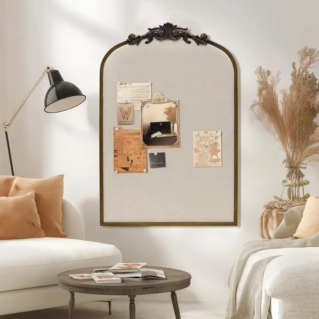 Alt view image 2 of 7 - Arch Fabric Pinboard, Antique Gold Bulletin Boards 24"x36", Vintage Cork Board with Ornate Iron Frame for Wall Unique Display, Organization and Decor Options