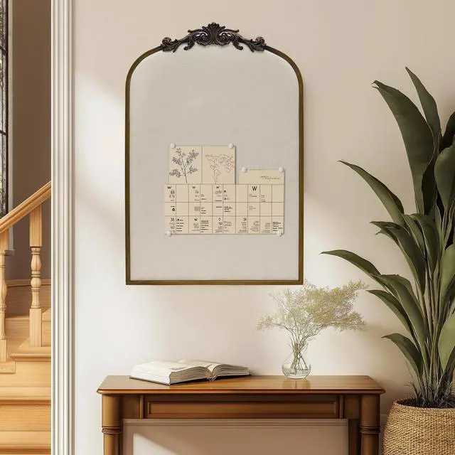 Alt view image 3 of 7 - Arch Fabric Pinboard, Antique Gold Bulletin Boards 24"x36", Vintage Cork Board with Ornate Iron Frame for Wall Unique Display, Organization and Decor Options