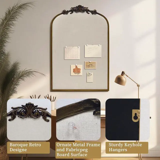 Alt view image 5 of 7 - Arch Fabric Pinboard, Antique Gold Bulletin Boards 24"x36", Vintage Cork Board with Ornate Iron Frame for Wall Unique Display, Organization and Decor Options
