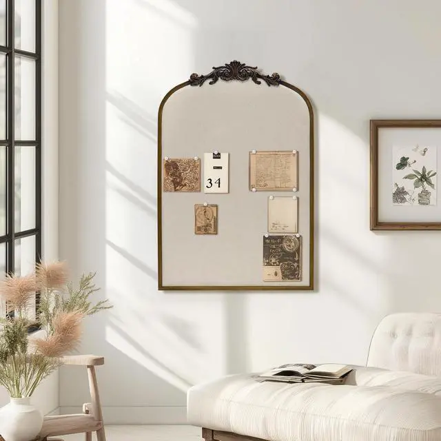 Alt view image 6 of 7 - Arch Fabric Pinboard, Antique Gold Bulletin Boards 24"x36", Vintage Cork Board with Ornate Iron Frame for Wall Unique Display, Organization and Decor Options