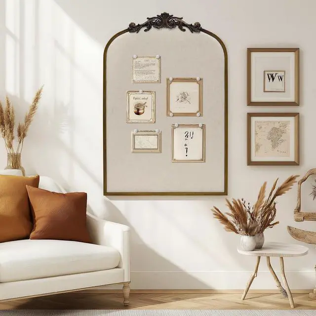 Alt view image 7 of 7 - Arch Fabric Pinboard, Antique Gold Bulletin Boards 24"x36", Vintage Cork Board with Ornate Iron Frame for Wall Unique Display, Organization and Decor Options