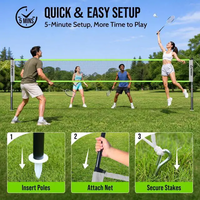 Alt view image 6 of 7 - Badminton Set for Backyard, Outdoor Badminton Net with Anti-Sag Design, 4 Professional Badminton Rackets, 4 Shuttlecocks and Carry Bag for Lawn or Beach