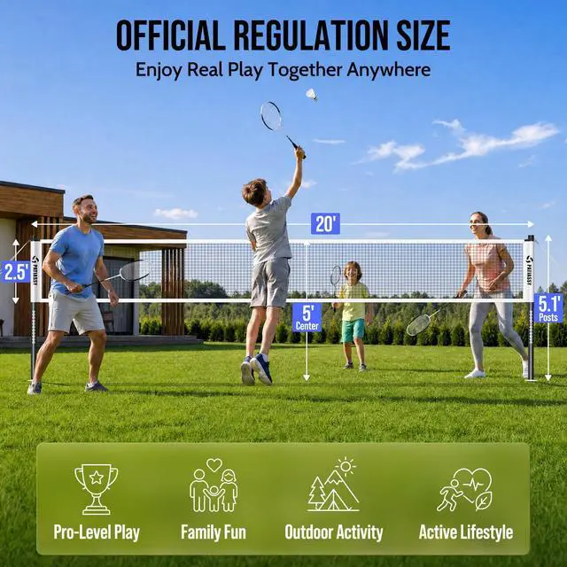Alt view image 2 of 7 - Badminton Set for Backyard, Outdoor Badminton Net with Anti-Sag Design, 4 Professional Badminton Rackets, 4 Shuttlecocks and Carry Bag for Lawn or Beach