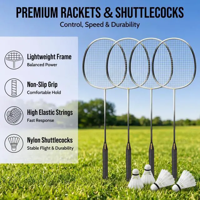 Alt view image 5 of 7 - Badminton Set for Backyard, Outdoor Badminton Net with Anti-Sag Design, 4 Professional Badminton Rackets, 4 Shuttlecocks and Carry Bag for Lawn or Beach