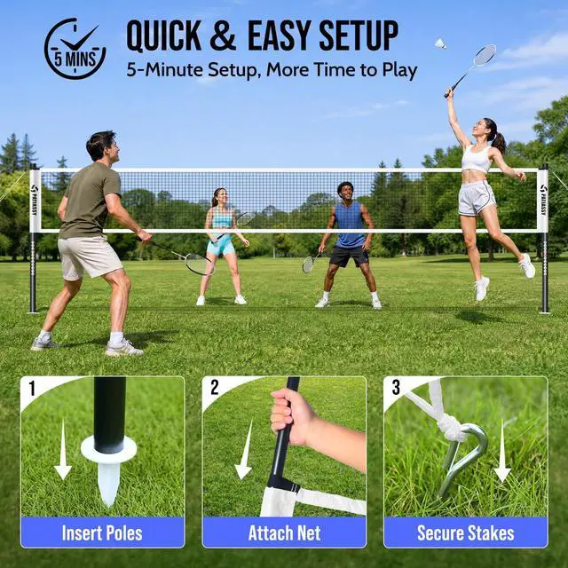 Alt view image 6 of 7 - Badminton Set for Backyard, Outdoor Badminton Net with Anti-Sag Design, 4 Professional Badminton Rackets, 4 Shuttlecocks and Carry Bag for Lawn or Beach