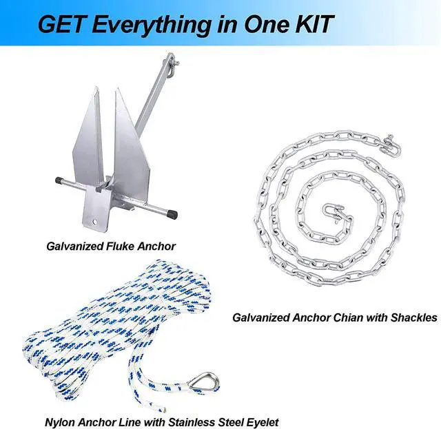 Alt view image 3 of 7 - Galvanized Fluke Style Anchor Kit Includes Galvanized Fluke Anchor, Rope, Shackles, Chain 8LB 10LB 13LB