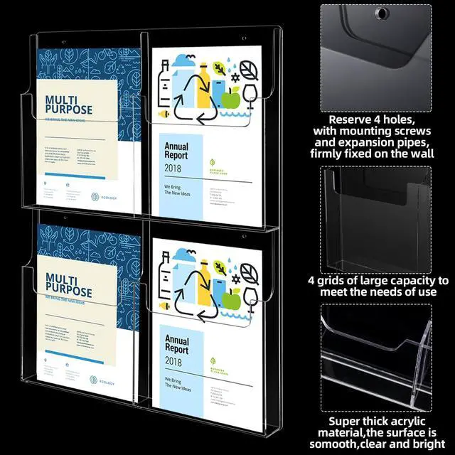 Alt view image 5 of 6 - 4 Pocket Acrylic Brochure Holder Wall Mount 11.8 x 8.78 Clear Pamphlet Holder Plastic Trifold Flyer Rack Magazine Display Stand Wall Hanging Organizer for Office Menu Ads