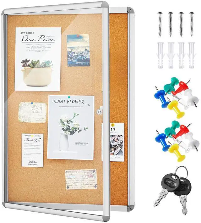 Main image of 36 x 24 Inch Enclosed Bulletin Board with Locking Door Fabric Cork Outdoor Bulletin Board Lockable Display Case, Tamperproof Aluminum Frame Noticeboard Wall-Mounted for School, Office