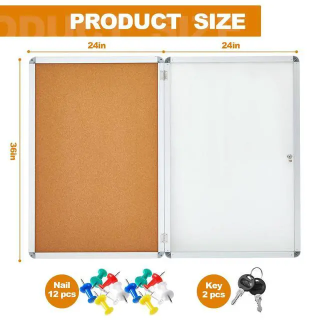 Alt view image 2 of 7 - 36 x 24 Inch Enclosed Bulletin Board with Locking Door Fabric Cork Outdoor Bulletin Board Lockable Display Case, Tamperproof Aluminum Frame Noticeboard Wall-Mounted for School, Office