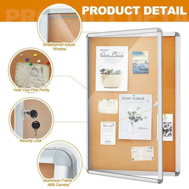 Alt view image 3 of 7 - 36 x 24 Inch Enclosed Bulletin Board with Locking Door Fabric Cork Outdoor Bulletin Board Lockable Display Case, Tamperproof Aluminum Frame Noticeboard Wall-Mounted for School, Office