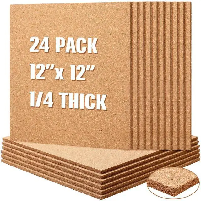 Main image of 24 Pcs Cork Board Tiles Bulletin Boards 12"x12" 1/4" Thick Square Natural Cork Sheets with Self Adhesive Backing Brown Corkboards for Wall School Office Home DIY Supplies