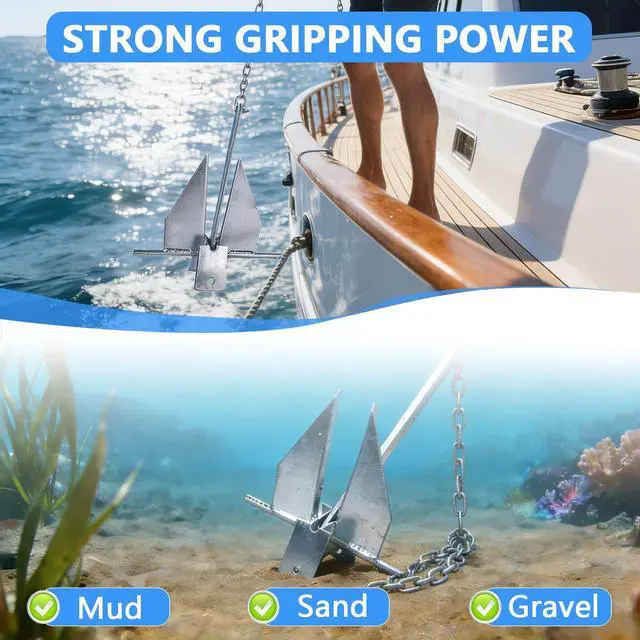 Alt view image 6 of 7 - 5/8/10/13/18/25 Boat Anchor Kit with Chain, Rope and Shackles | Heavy Duty Danforth Anchor Kit, Hot-Dipped Galvanized Fluke Anchor, Fit for Boats Pontoon, Deck, Sailboat and Fishing