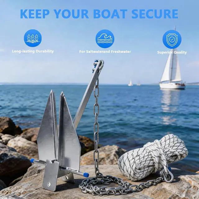 Alt view image 7 of 7 - 5/8/10/13/18/25 Boat Anchor Kit with Chain, Rope and Shackles | Heavy Duty Danforth Anchor Kit, Hot-Dipped Galvanized Fluke Anchor, Fit for Boats Pontoon, Deck, Sailboat and Fishing