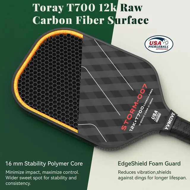 Alt view image 3 of 7 - USAPA Approved 6-Layer Construction T700 Carbon Fiber Pickleball Paddle, 16mm Thermoformed Pickleball Racket with High Spin & Extended Grip, Professional Pickleball Paddle for Control and Power