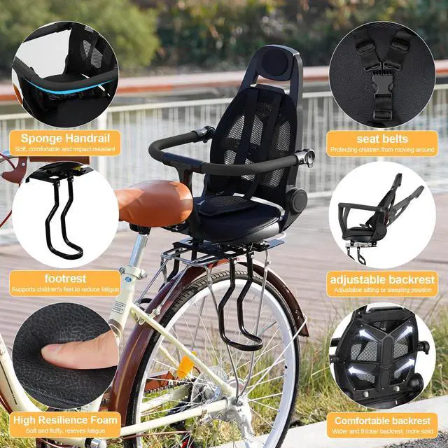 Alt view image 2 of 7 - Rear Child Bike Seat,Rear Mounted Child Bike Seats,Back Mount Child Seat with Back Rest Armrest Foot Pedals,Width Adjustable Bicycle Rear Seat,Fits All Bicycle Rear Frames