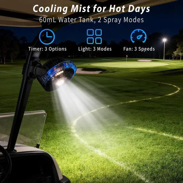 Alt view image 7 of 7 - 2-Pack Rechargeable Magnetic Golf Cart Fan with Misting & Light, 12000mAh | Portable, for golf cart, workshop, camping & BBQ, fits Club Car, Yamaha & EZGO, gift set for golfers & DIYers