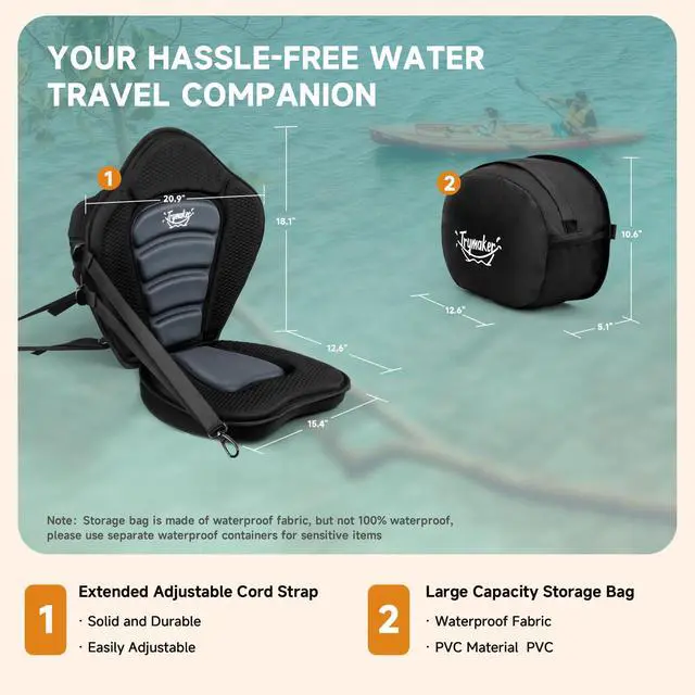 Alt view image 5 of 6 - Kayak Seats with Back Support, Thick Paddle Board Seat, Universal | 1.97"Thick Cushion, High-Back Support, Large Storage Bag, Ergonomic Design, Universal Fit for Kayak & SUP Fishing