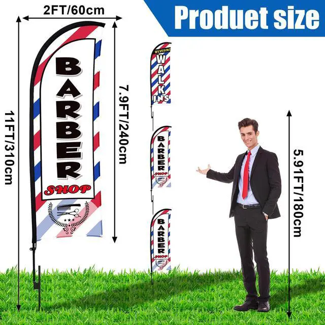 Alt view image 2 of 6 - 3 Sets 12ft Barber Shop Welcome Walk Ins Feather Flag Signs Barbershop Banner Swooper Flag with Flagpole Ground Stake Portable Bag for Salon Business Outdoor Advertising