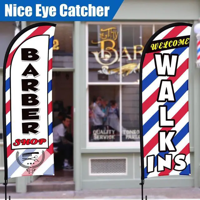 Alt view image 3 of 6 - 3 Sets 12ft Barber Shop Welcome Walk Ins Feather Flag Signs Barbershop Banner Swooper Flag with Flagpole Ground Stake Portable Bag for Salon Business Outdoor Advertising