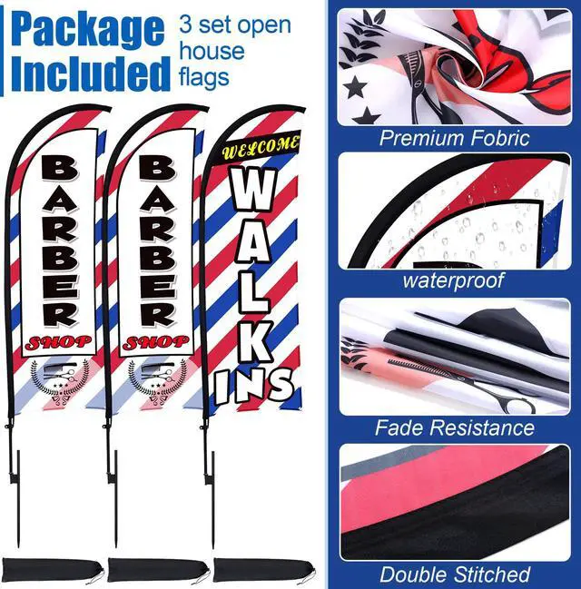 Alt view image 4 of 6 - 3 Sets 12ft Barber Shop Welcome Walk Ins Feather Flag Signs Barbershop Banner Swooper Flag with Flagpole Ground Stake Portable Bag for Salon Business Outdoor Advertising