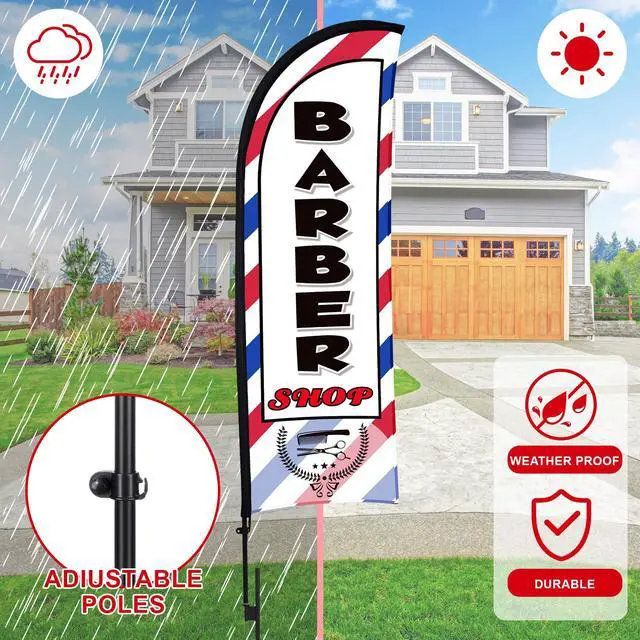Alt view image 5 of 6 - 3 Sets 12ft Barber Shop Welcome Walk Ins Feather Flag Signs Barbershop Banner Swooper Flag with Flagpole Ground Stake Portable Bag for Salon Business Outdoor Advertising