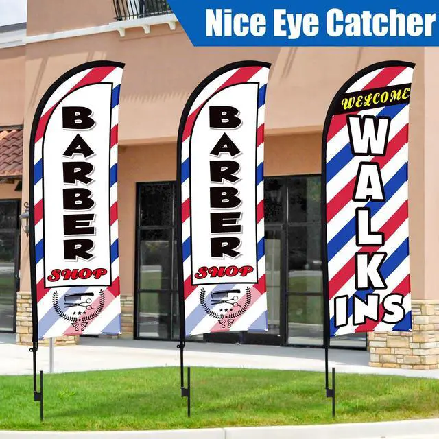 Alt view image 6 of 6 - 3 Sets 12ft Barber Shop Welcome Walk Ins Feather Flag Signs Barbershop Banner Swooper Flag with Flagpole Ground Stake Portable Bag for Salon Business Outdoor Advertising