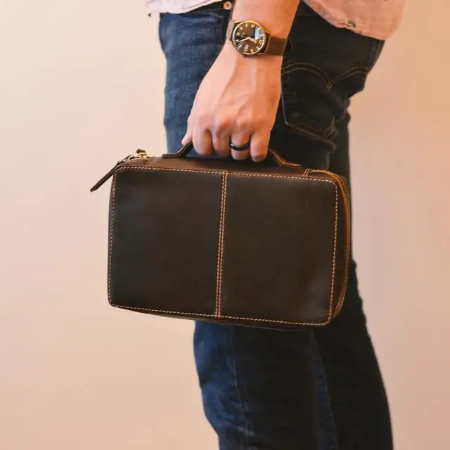 Alt view image 6 of 6 - Bible Covers for Men and Women - Top Grain Buffalo Leather - Genuine Leather Bible Cover with Pockets, Zipper, and Bookmark - Bible case - Book Cover - Large Dark Brown