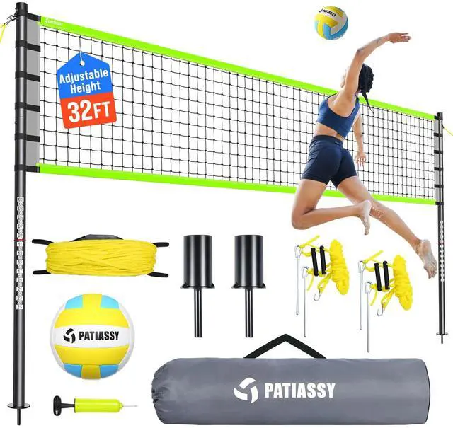 Main image of Outdoor Volleyball Net Set for Backyard & Beach, 32FT Regulation Size, Easy Setup Adjustable Height Poles, Portable Net System with PU Volleyball, Pump & Carry Bag
