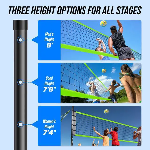 Alt view image 3 of 7 - Outdoor Volleyball Net Set for Backyard & Beach, 32FT Regulation Size, Easy Setup Adjustable Height Poles, Portable Net System with PU Volleyball, Pump & Carry Bag