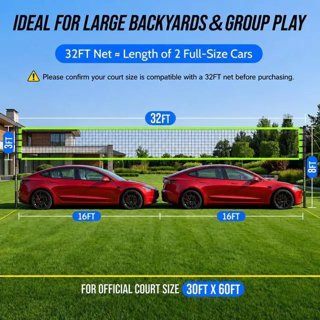 Alt view image 4 of 7 - Outdoor Volleyball Net Set for Backyard & Beach, 32FT Regulation Size, Easy Setup Adjustable Height Poles, Portable Net System with PU Volleyball, Pump & Carry Bag