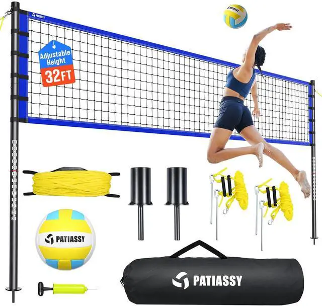 Main image of Outdoor Volleyball Net Set for Backyard & Beach, 32FT Regulation Size, Easy Setup Adjustable Height Poles, Portable Net System with PU Volleyball, Pump & Carry Bag