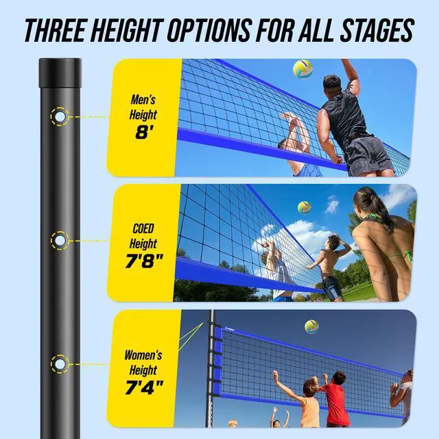 Alt view image 3 of 7 - Outdoor Volleyball Net Set for Backyard & Beach, 32FT Regulation Size, Easy Setup Adjustable Height Poles, Portable Net System with PU Volleyball, Pump & Carry Bag