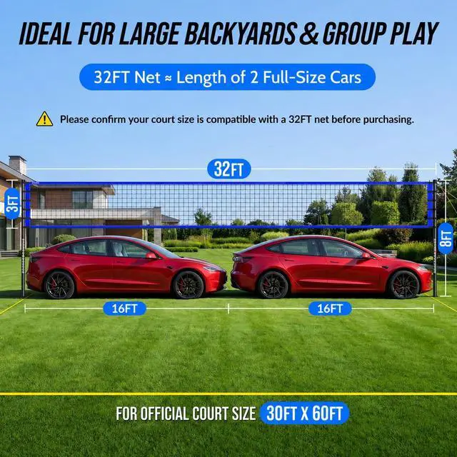 Alt view image 4 of 7 - Outdoor Volleyball Net Set for Backyard & Beach, 32FT Regulation Size, Easy Setup Adjustable Height Poles, Portable Net System with PU Volleyball, Pump & Carry Bag