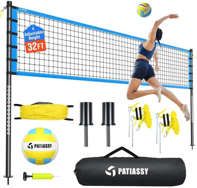 Main image of Outdoor Volleyball Net Set for Backyard & Beach, 32FT Regulation Size, Easy Setup Adjustable Height Poles, Portable Net System with PU Volleyball, Pump & Carry Bag