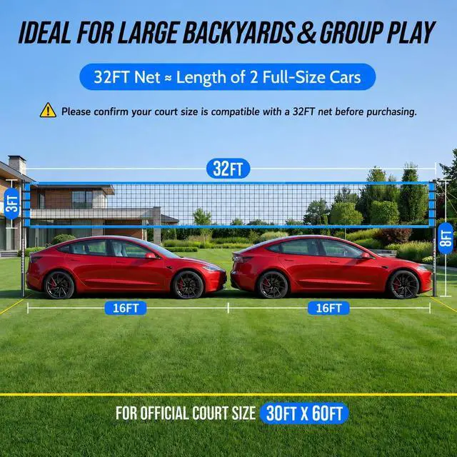 Alt view image 4 of 7 - Outdoor Volleyball Net Set for Backyard & Beach, 32FT Regulation Size, Easy Setup Adjustable Height Poles, Portable Net System with PU Volleyball, Pump & Carry Bag