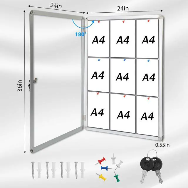 Alt view image 3 of 7 - 36"x24" Enclosed Bulletin Board with Locking Door, Tamper-Proof Dispaly Case, Aluminium Frame, Outdoor Bulletin Board Weatherproof, Lockable noticeboard for School,Office,etc