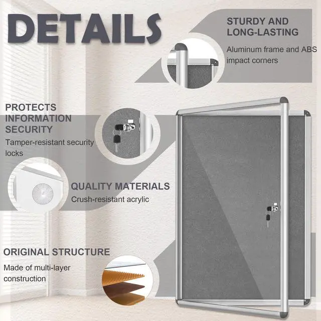 Alt view image 4 of 7 - 36"x24" Enclosed Bulletin Board with Locking Door, Tamper-Proof Dispaly Case, Aluminium Frame, Outdoor Bulletin Board Weatherproof, Lockable noticeboard for School,Office,etc