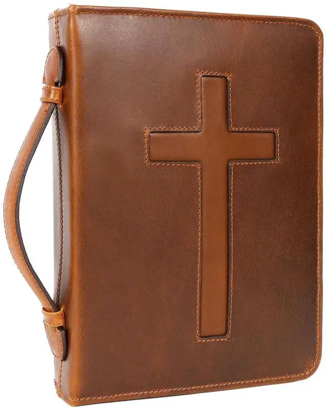 Main image of Leather Bible Cover Case for Men Women Genuine Leather Bible Bag Holder Cross Large Carrying with Zipper Case Protector Christian Religious Gifts for Mens (Cognac/Tan, Study/Large)