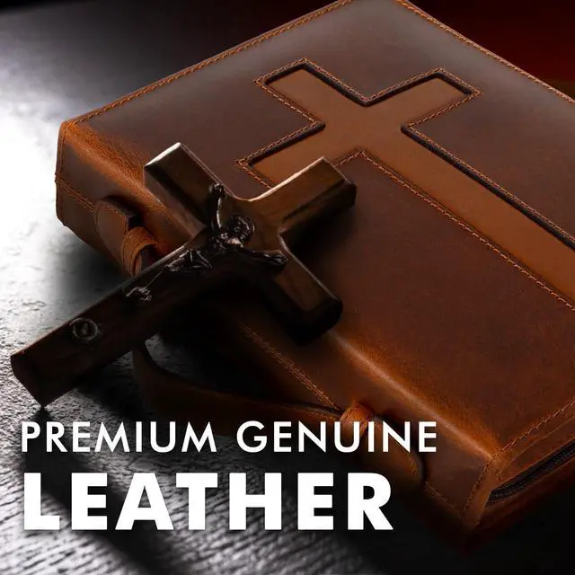 Alt view image 2 of 7 - Leather Bible Cover Case for Men Women Genuine Leather Bible Bag Holder Cross Large Carrying with Zipper Case Protector Christian Religious Gifts for Mens (Cognac/Tan, Study/Large)
