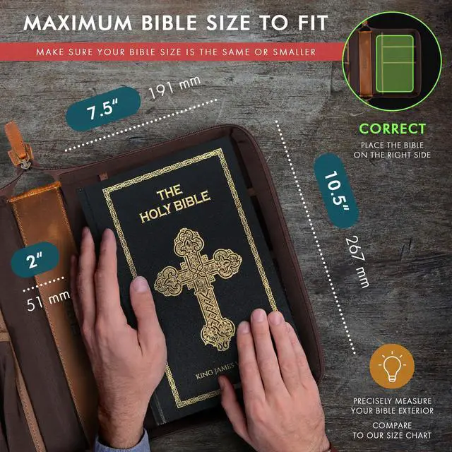 Alt view image 3 of 7 - Leather Bible Cover Case for Men Women Genuine Leather Bible Bag Holder Cross Large Carrying with Zipper Case Protector Christian Religious Gifts for Mens (Cognac/Tan, Study/Large)