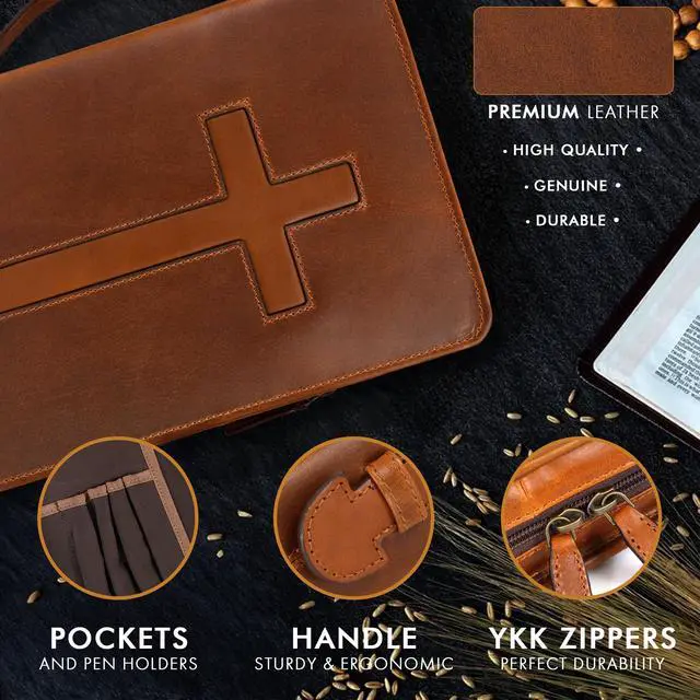 Alt view image 5 of 7 - Leather Bible Cover Case for Men Women Genuine Leather Bible Bag Holder Cross Large Carrying with Zipper Case Protector Christian Religious Gifts for Mens (Cognac/Tan, Study/Large)
