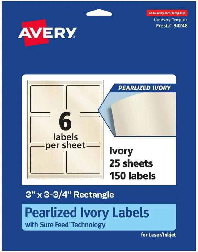 Main image of Pearlized Ivory Rectangle Labels, Sure Feed Technology, Print-to-The-Edge, 3" x 3.75", 150 Pearlized Ivory Labels, Laser/Inkjet Printable