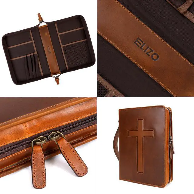 Alt view image 6 of 7 - Leather Bible Cover Case for Men Women Genuine Leather Bible Bag Holder Cross Large Carrying with Zipper Case Protector Christian Religious Gifts for Mens (Cognac/Tan, Study/Large)