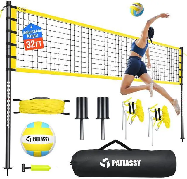 Main image of Outdoor Volleyball Net Set for Backyard & Beach, 32FT Regulation Size, Easy Setup Adjustable Height Poles, Portable Net System with PU Volleyball, Pump & Carry Bag