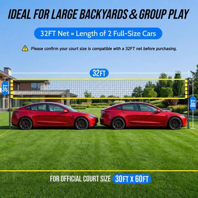 Alt view image 4 of 7 - Outdoor Volleyball Net Set for Backyard & Beach, 32FT Regulation Size, Easy Setup Adjustable Height Poles, Portable Net System with PU Volleyball, Pump & Carry Bag